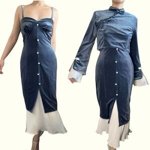 NWT Pink Savior Club Blue Velvet Mandarin‎ Collar 2-Piece Dress Set Size M